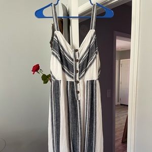 Blue and White V Neck Casual Sleeveless Midi Dress